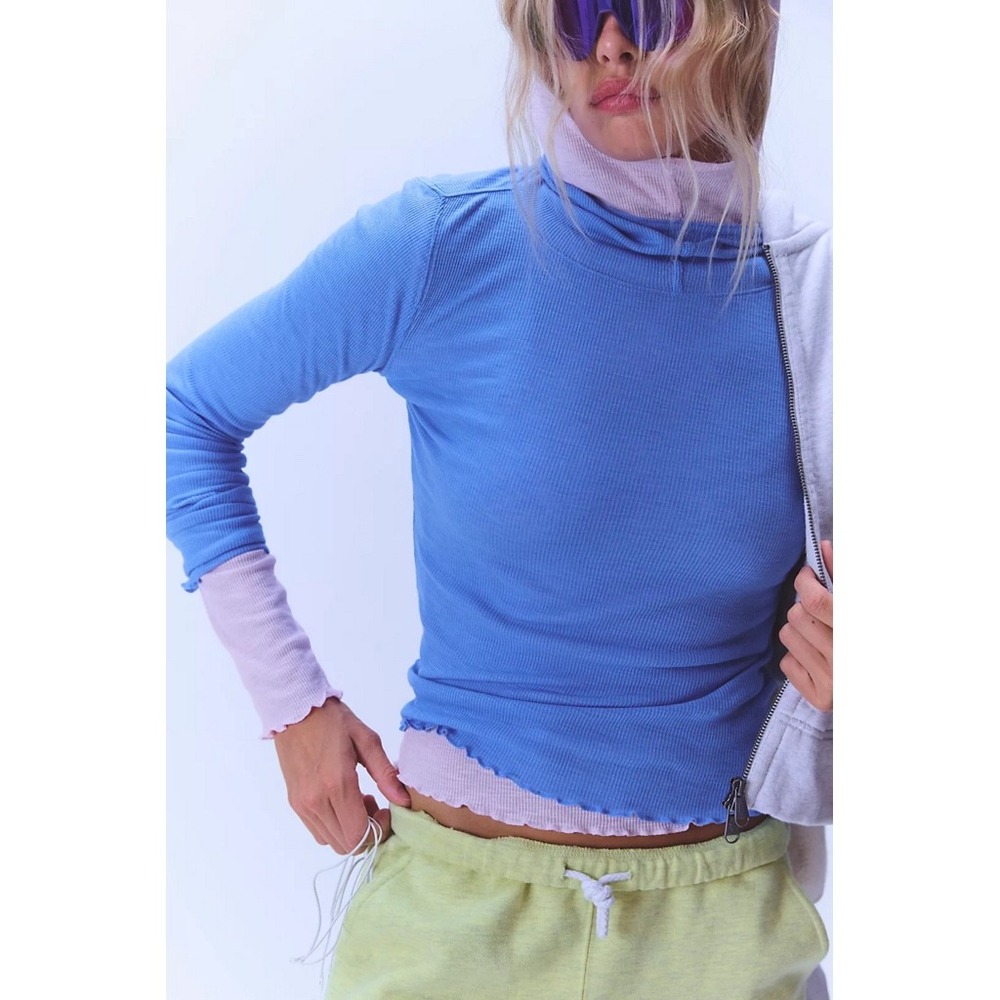 Free People Movement Women Breathe Easy Layer Riviera Blue Hooded Top Medium NWT